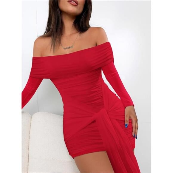 Womens Dress Off The Shoulder Long Sleeve Light Red - Picture 1 of 6